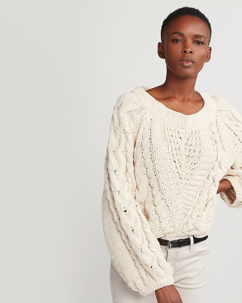 Cable Knit Matte Chenille Balloon Sleeve Sweater | Express