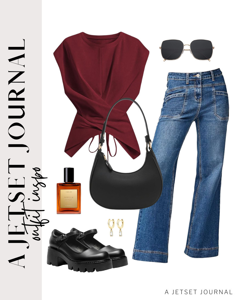 You can wear this burgundy SOLY HUX asymmetrical wrap top and EVALESS straight bootcut jeans for your next outfit. A small crescent shoulder bag goes well with this fit, together with DREAM PAIRS Mary Jane platform pumps. 

#LTKSeasonal #LTKSaleAlert #LTKTravel
 

 