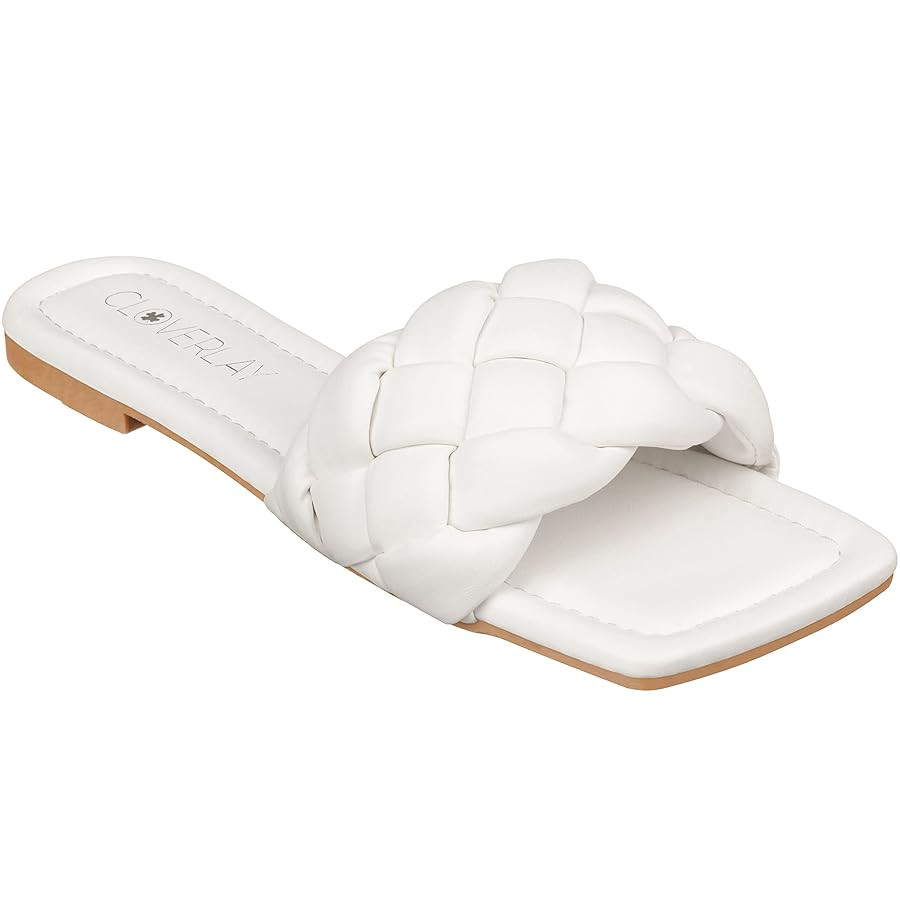 CLOVERLAY Women's Braided Flat Sandals Square Toe Slides Braided Woven Single Band Slip On Slide ... | Amazon (US)