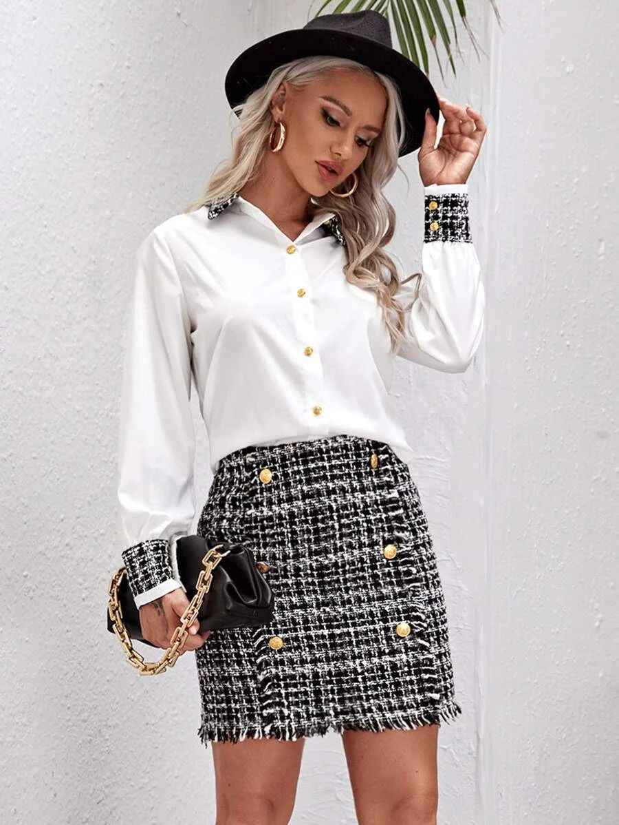 Contrast Panel Blouse & Double Breasted Tweed Skirt | SHEIN