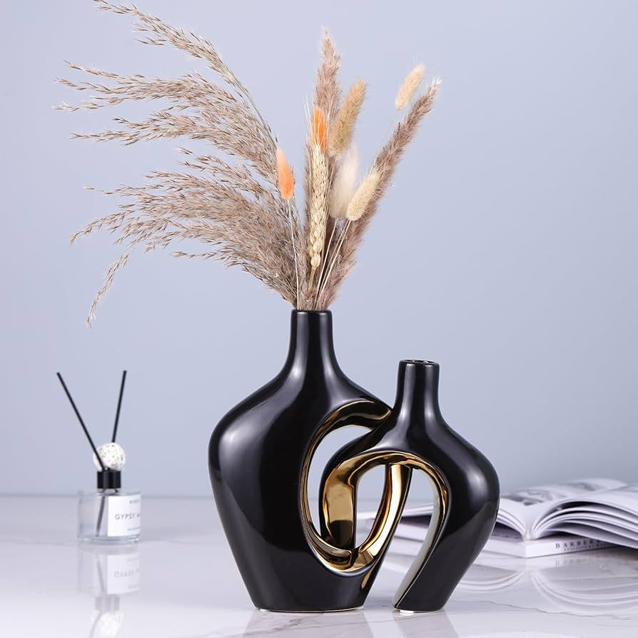 oliruim Black and Gold Ceramic Vase Set of 2 Modern Minimalist Round with Holes Bohemian Decor Ae... | Amazon (US)