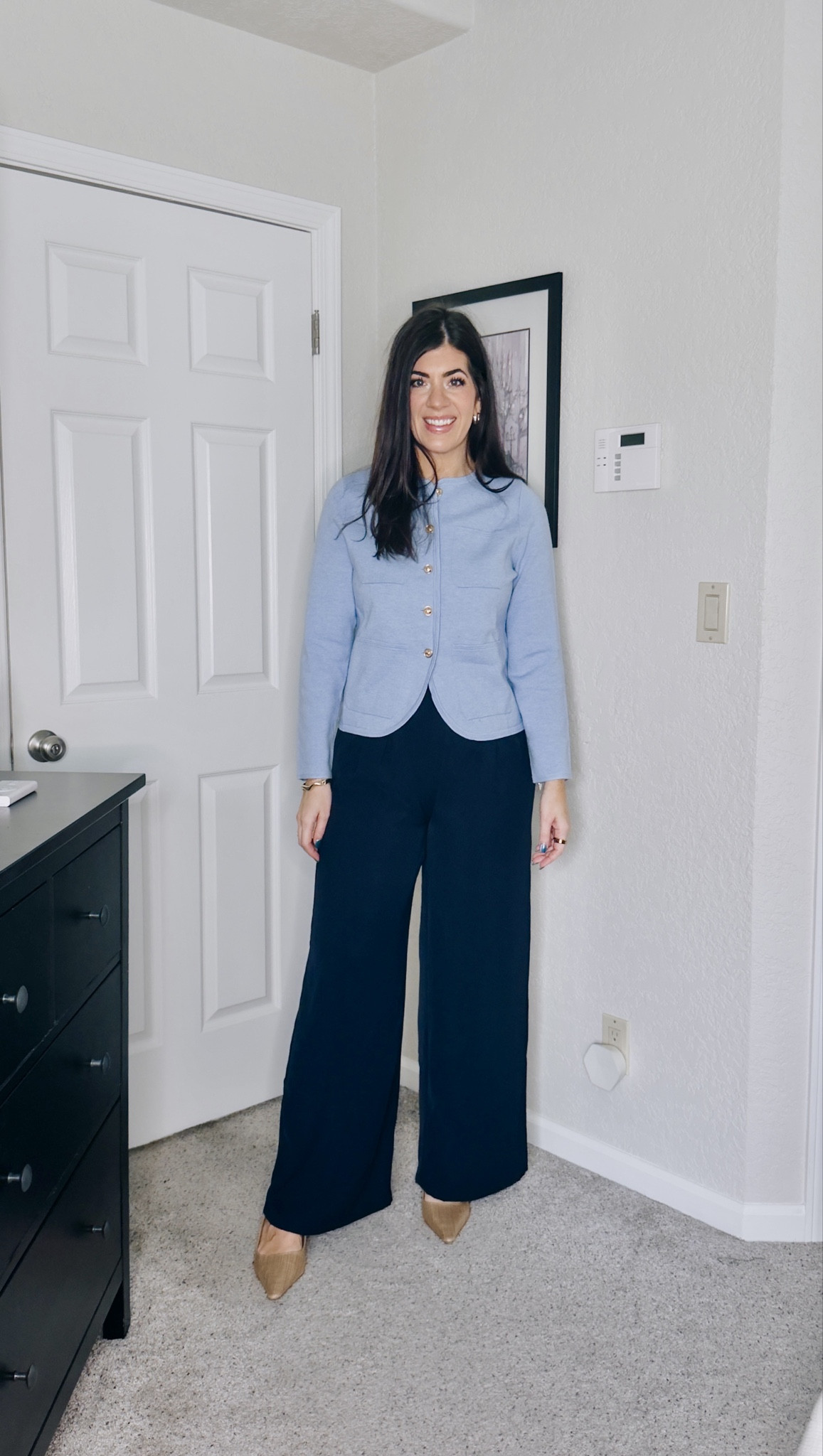 Workwear under $50
In a medium cardigan
Large long wide leg pants 

#LTKWorkwear #LTKMidsize #LTKTall
