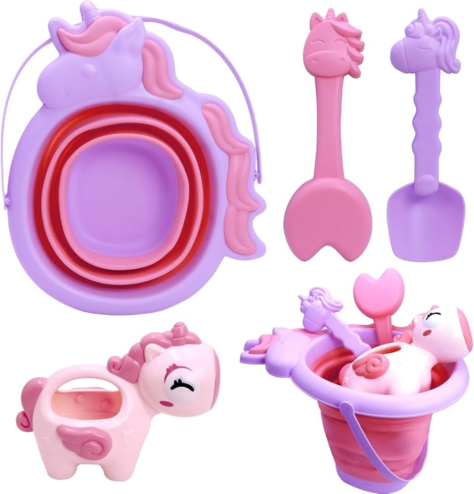 Collapsible Foldable Beach Sand Buckets and Shovels Set, Beach Toys for Kids with Unicorn Waterin... | Amazon (US)