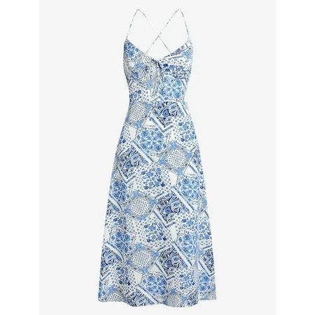 ZAFUL Cute Leisure Sundress Ethnic Scarf Print Backless Lace Up Dress Light Blue S | Walmart (US)