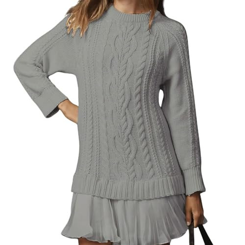 Women Crewneck Cable Knit Sweaters Mini Dresses,Sweater Dress with Skirt,Pleated Patchwork Dresses 2025 Casual Dress Grey | Amazon (US)