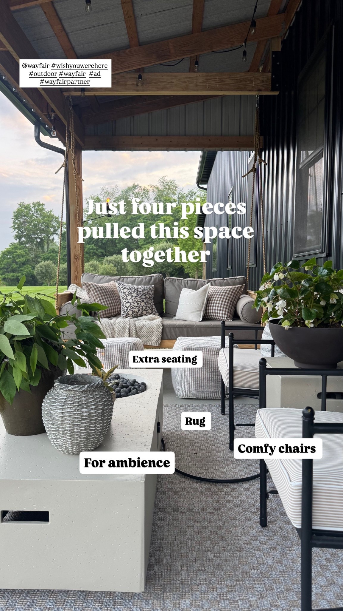 #ad I pulled this patio setup together with just four pieces I found at @wayfair. A rug to define the space, a set of cozy chairs, versatile ottomans that work as a footrest or extra seating, and a fire table that really becomes the focal point. It instantly made this whole area feel like a comfortable outdoor living space.
#wishyouwerehere #outdoor #Wayfair #WayfairPartner


#LTKSaleAlert #LTKHome