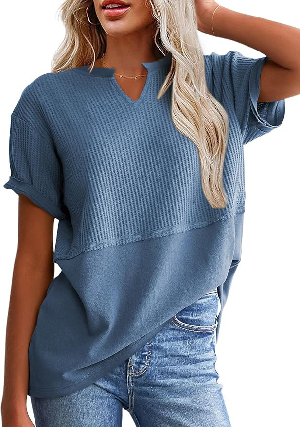 SHEWIN Womens Casual V Neck Waffle Knit Tops Short Sleeve T Shirts Loose Blouses | Amazon (US)