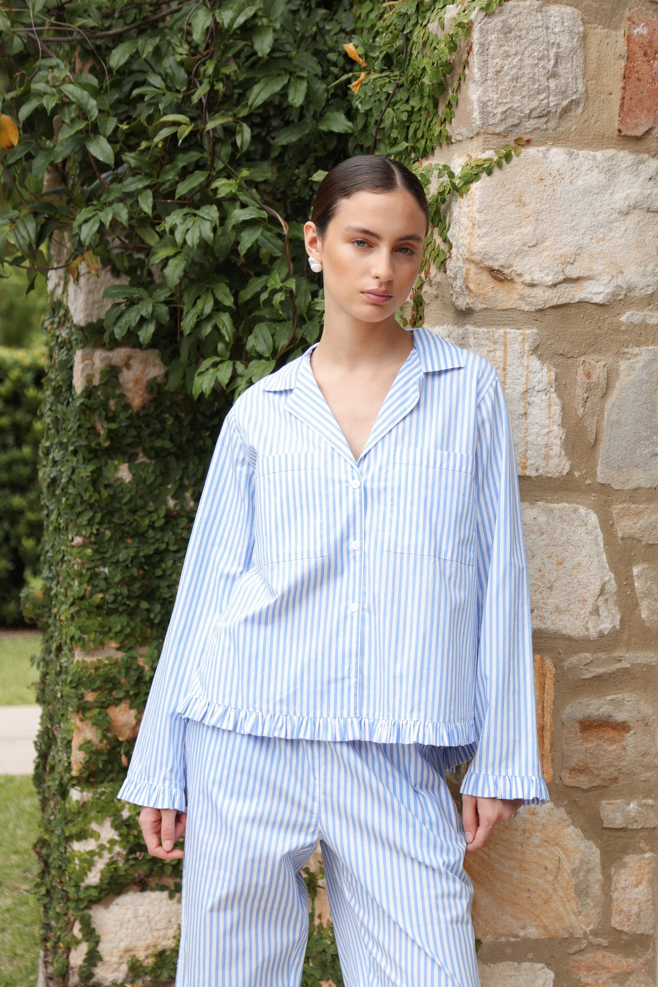 Felicity Frill Pajama Set - Long - Pinstripe Blue | Piyama US
