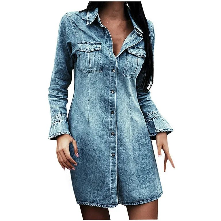 Zerlibeaful Fall Dresses For Womens Casual Turndown Neck Denim Party Dresses Long Sleeve Dress | Walmart (US)