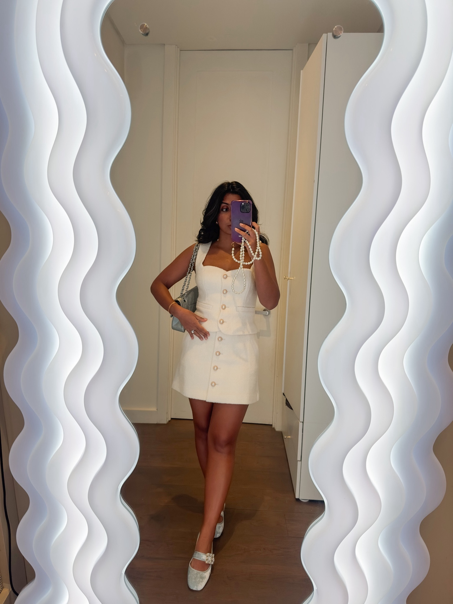 white skirt, white top, Mary Janes, velvet shoes, flat shoes, party shoes, ballet flats, tweed top, tweed skirt, co ord set, party outfit, winter outfits, white outfit, petite style, reformation, Roger vivier, Chanel, Stradivarius, matches fashion 

sale: 25% off everything on Reformation

#LTKstyletip #LTKCyberSaleUK #LTKeurope