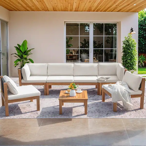 Furniwell 7-Piece Outdoor Patio Furniture Sets Sectional Sofa Set Acacia Wood Set with Table , Ra... | Bed Bath & Beyond