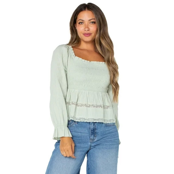 Celebrity Pink Women's Smocked Ruffle Long Sleeve Top, Sizes XS-XXXL | Walmart (US)