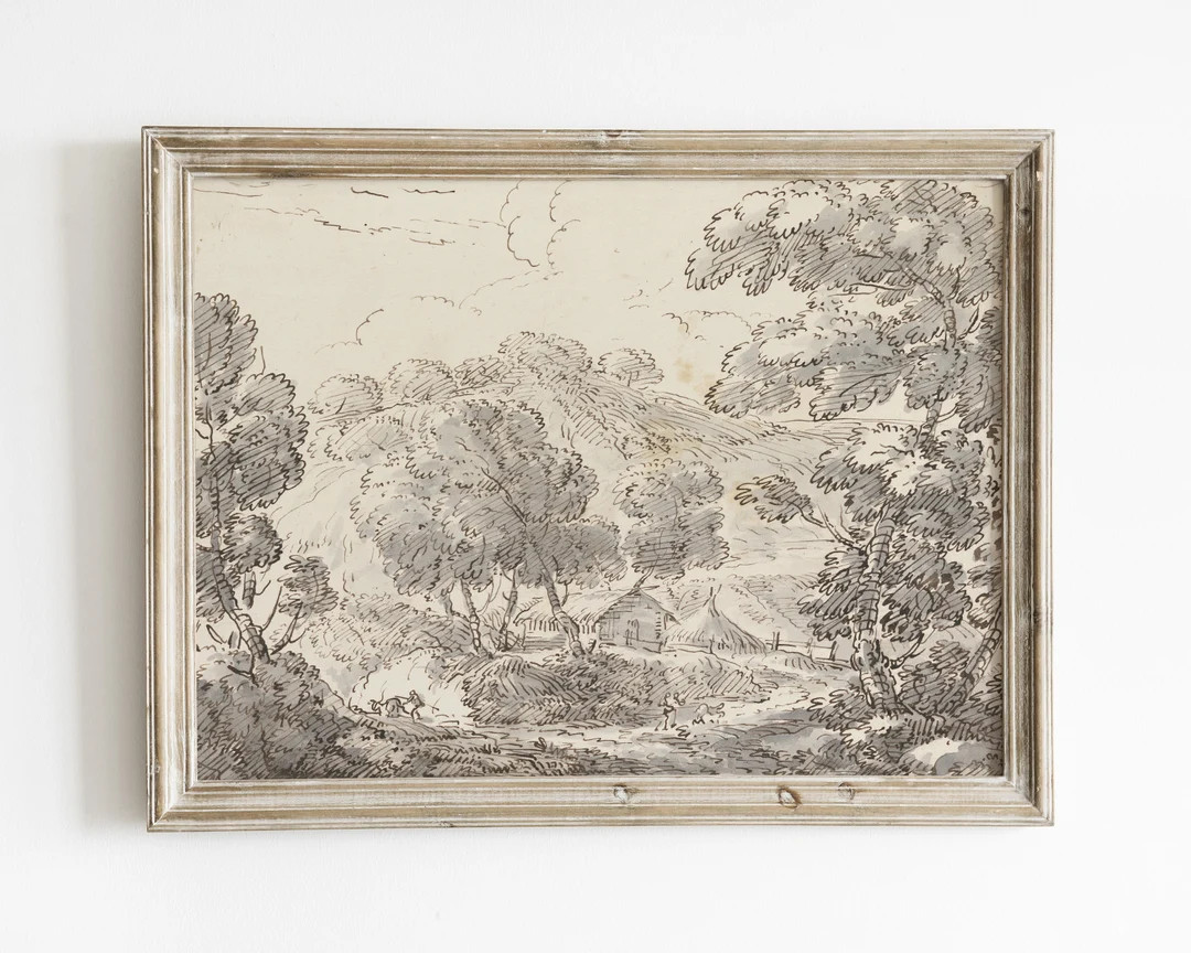 Black and White Blue Willow Wall Art, Vintage Landscape Painting, Grayscale Chinoiserie Printable... | Etsy (US)