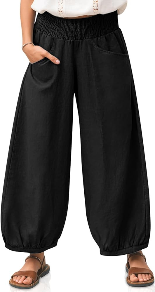 TARSE Womens Linen Wide Leg Pants Casual Loose Elastic Waisted Barrel Beach Palazzo Pants with Po... | Amazon (US)