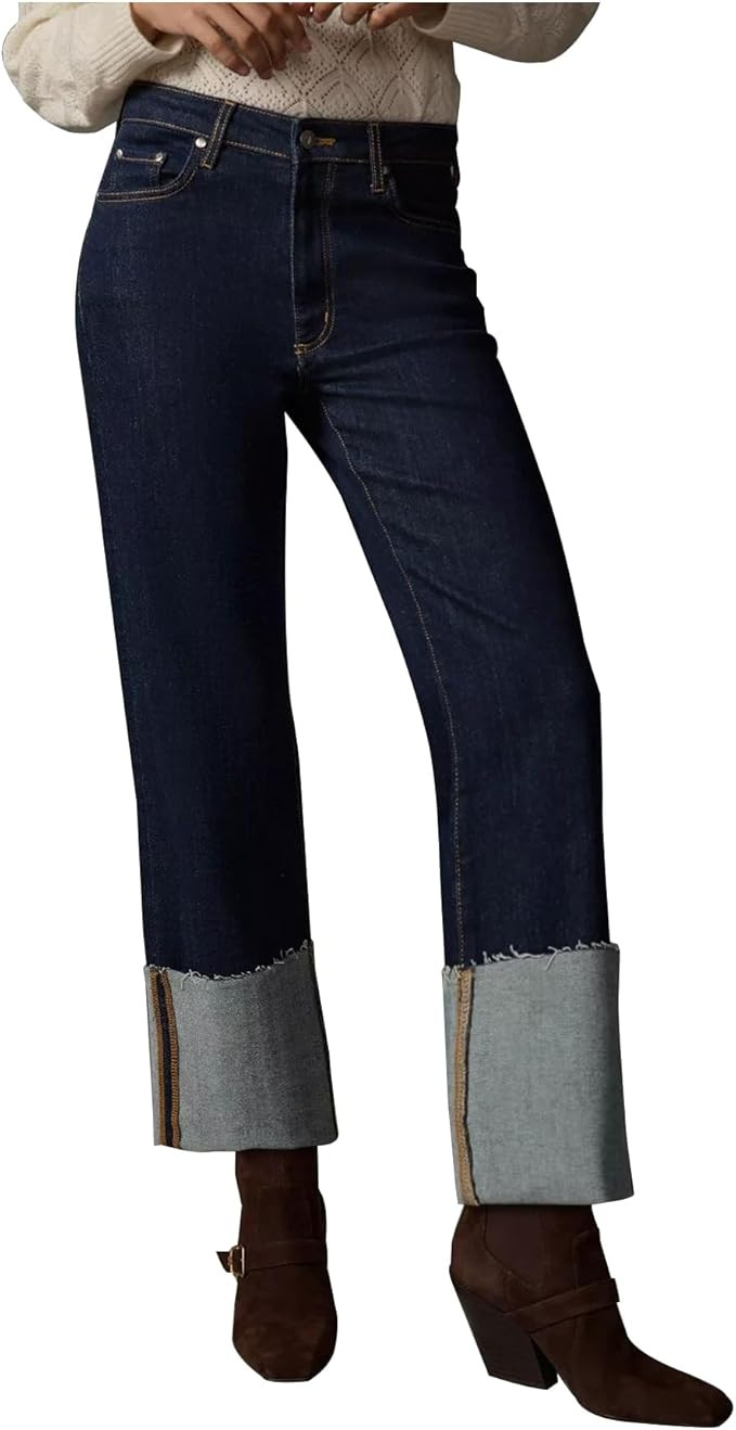 YEXPINE Women's Wide Leg Cuffed Jeans High Waisted Straight Leg Stretchy Boyfriend Denim Pants | Amazon (US)