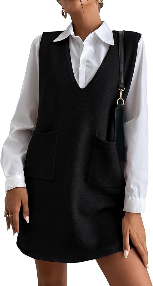 Women's Sleeveless Sweater Dress V Neck Knit Vest Dress with Pockets | Amazon (US)