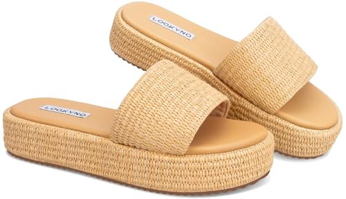 Lookyno Platform Sandals for Women Straw Raffia Sandals Women Cute Sandal Wedges for Beach Vacation Comfortable Espadrille Platform Shoes | Amazon (US)