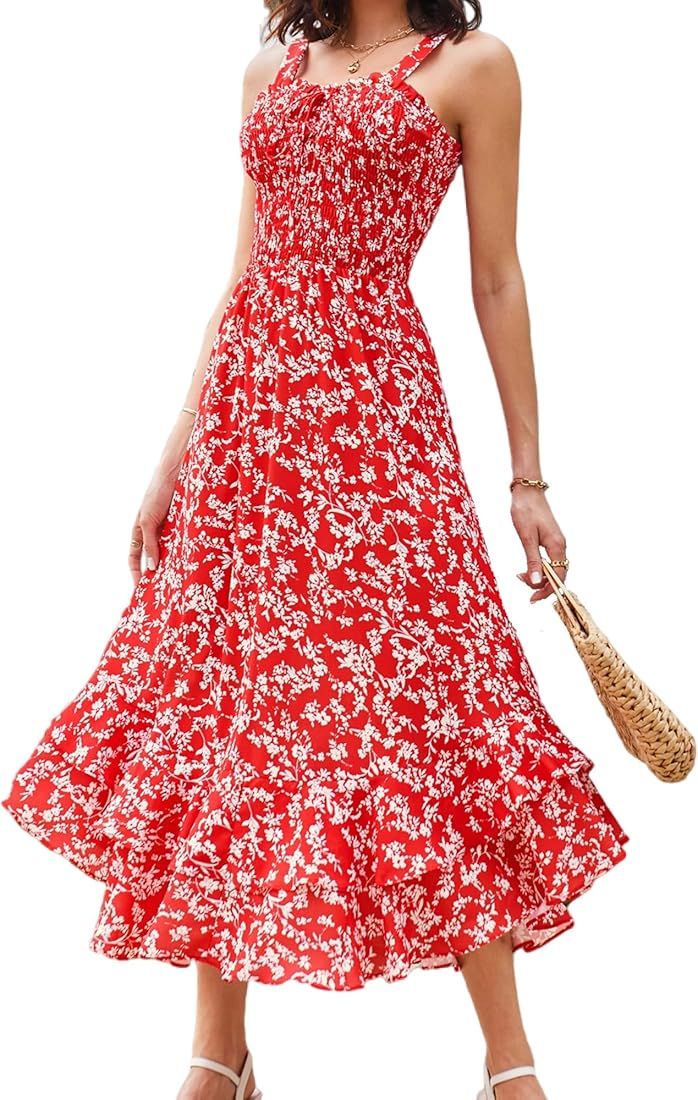 GRACE KARIN Women's 2023 Summer Floral Boho Dress Square Neck Strapped Swing A Line Beach Long Maxi  | Amazon (US)