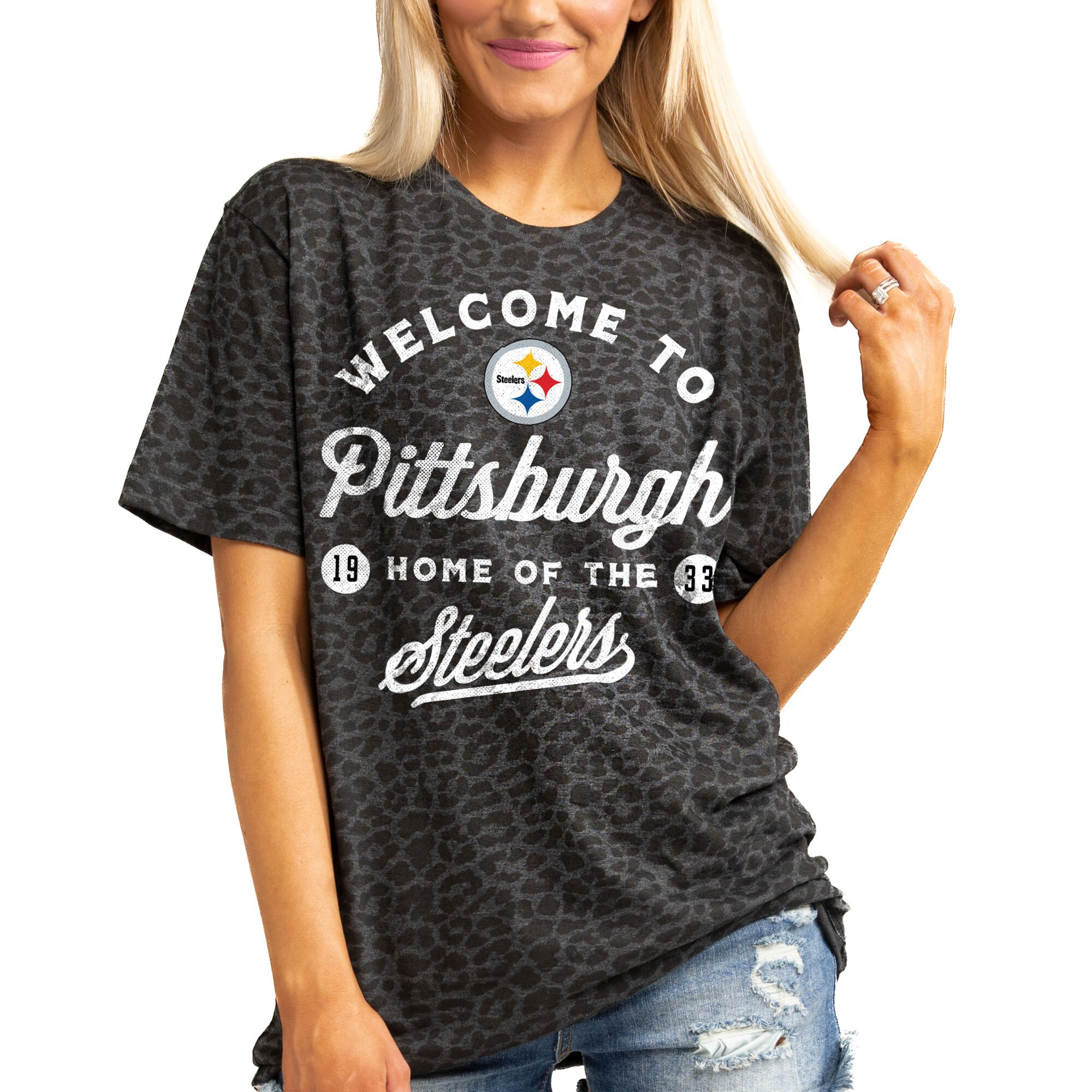 Women's Pittsburgh Steelers  Gameday Couture Charcoal Wildcat Blitz Tonal Leopard T-Shirt | NFL Shop