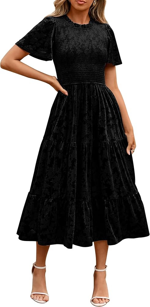 Simplee Velvet Dress for Women Semi Formal Short Sleeve Floral Smocked Empire Waist Fall Winter W... | Amazon (US)