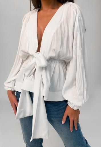 White Cheesecloth Plunge Flippy Hem Blouse | Missguided (US & CA)