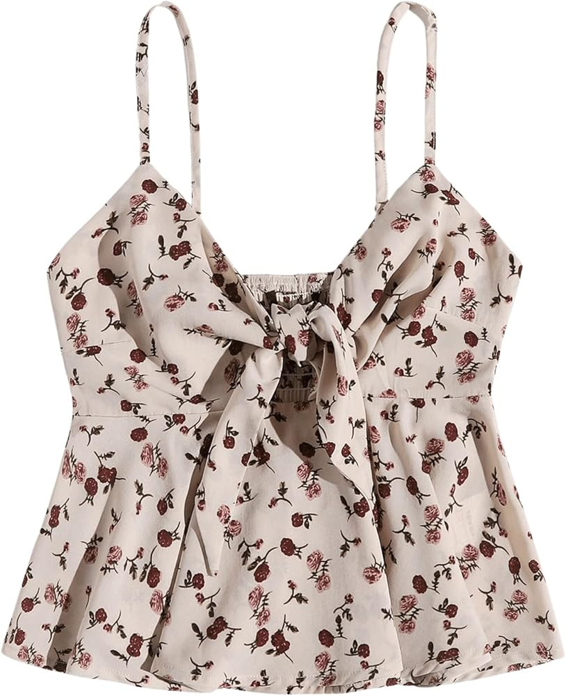 Floerns Women's Floral Print Ruffle Hem Camisole Tie Front Shirred Holiday Cami Top | Amazon (US)