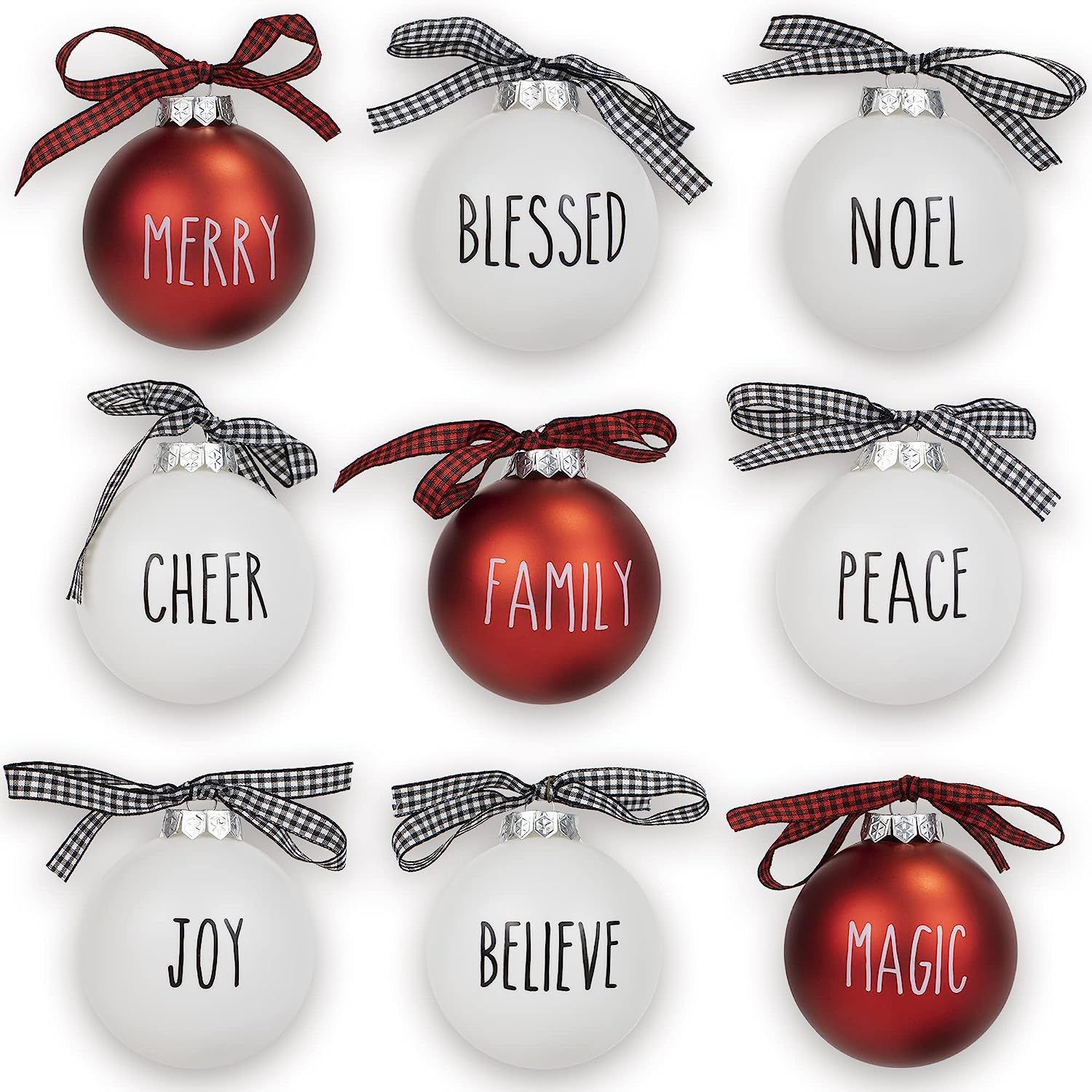 Farmhouse Christmas Tree Ornaments with Buffalo Plaid Bows - Beautiful Set of 9 Shatterproof Orna... | Amazon (US)