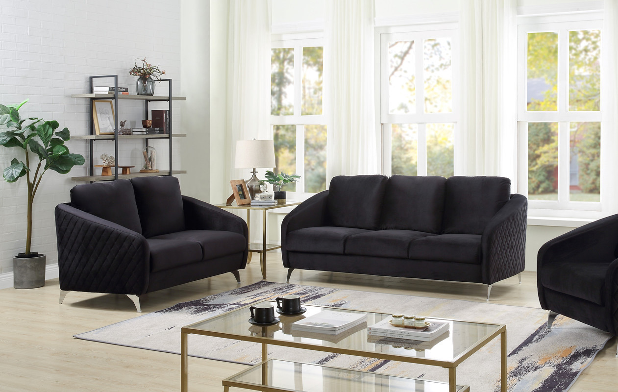 Sofia Black Velvet Fabric Sofa Loveseat Living Room Set | 1stopbedrooms