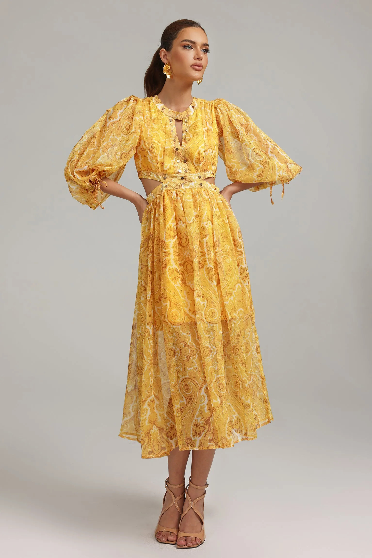 Matalin Cutout Lantern Sleeves Printed Dress | Bellabarnett Affiliate Marketing