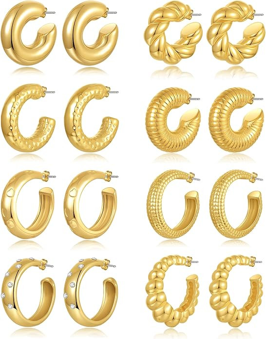 8 Pairs Chunky Hoop Earrings Sets for Women Lightweight Twist CZ Open Huggie Hoops Minimalist Thi... | Amazon (US)
