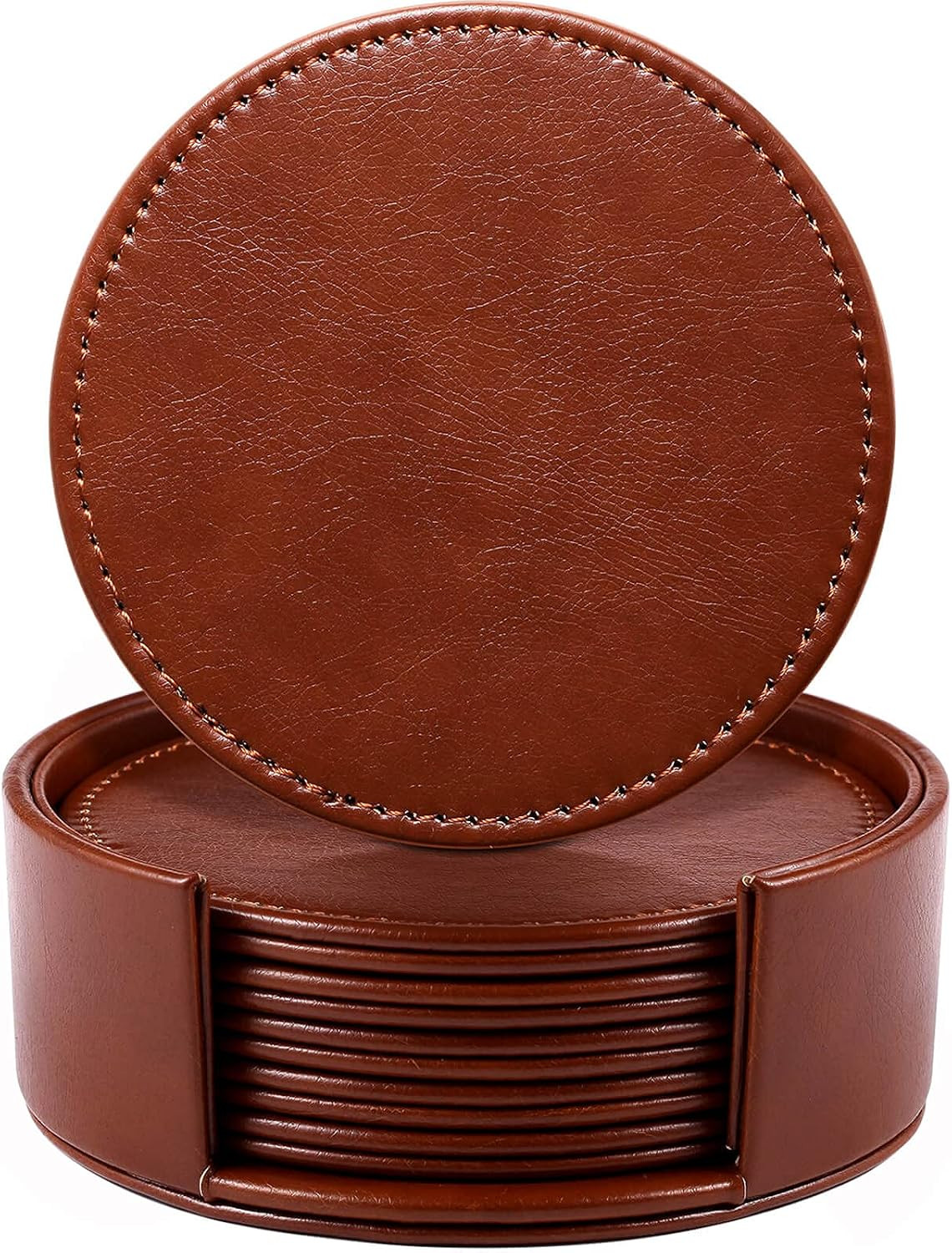 LAMOTI Leather Coasters for Drinks, 4" Drink Coasters Set of 6 with Holder for Tabletop Protection, Handmade Luxurious Home Décor and Housewarming Gift (Brown) | Amazon (UK)