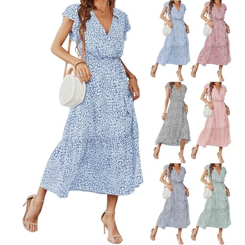 FQFGGYD Women's Floral Midi Dress Summer Boho Dresses Beach Sundress Vacation A-line Skirts V-Neck Belt Pleated Maxi Dress Light Blue | Amazon (US)