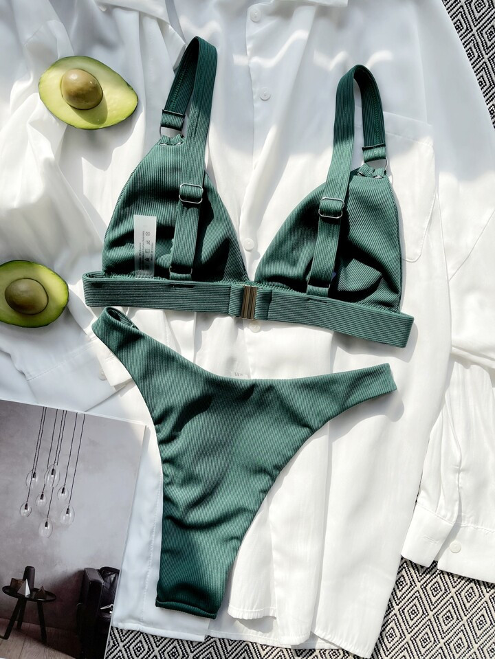 SHEIN Swim Basics Ribbed Bikini Set Ring Linked Adjustable Strap Triangle Bra & High Cut 2 Piece ... | SHEIN