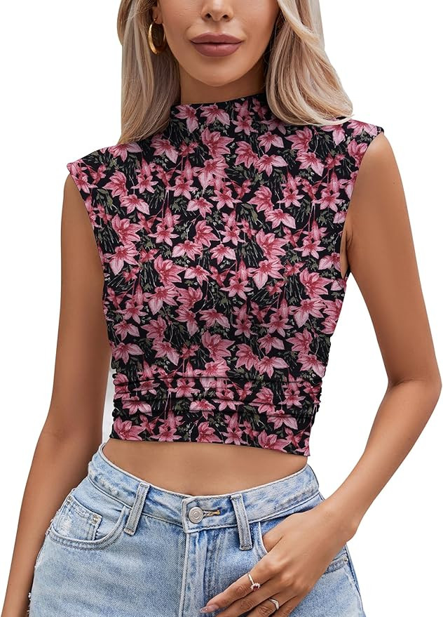 IECCP Women's Sexy Mock Neck Sleeveless Crop Tank Tops Summer Trendy Side Ruched Blouse | Amazon (US)