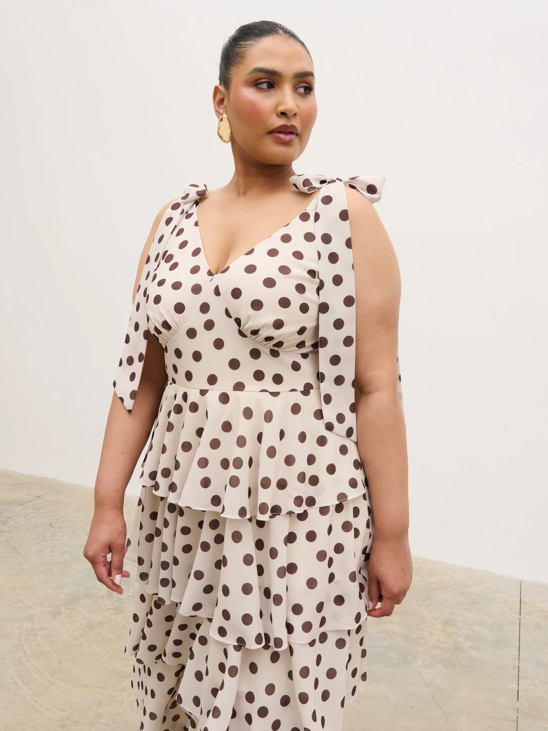 Fiore Tie Ruffle Maxi Dress Curve - Large Brown and Cream Polkadot | Pretty Lavish (UK)