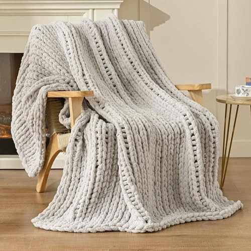 Esterra Chunky Knit Blanket Throw 50"x60", 100% Hand Knitted Chenille Throw Blanket, Cozy Soft Thick Cable Knit Throw Large Rope Knot Crochet Throw Blanket for Sofa Couch Bed, Light Gray | Amazon (US)