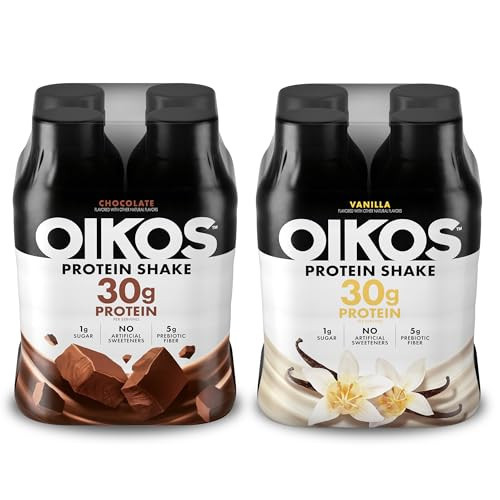Oikos Protein Shake, Exclusive Variety Pack, 30g High Protein Drinks, Shelf Stable, Ready to Drink, 5g Prebiotic Fiber, 12 fl oz Bottle (4 ct Chocolate, 4 ct Vanilla) | Amazon (US)