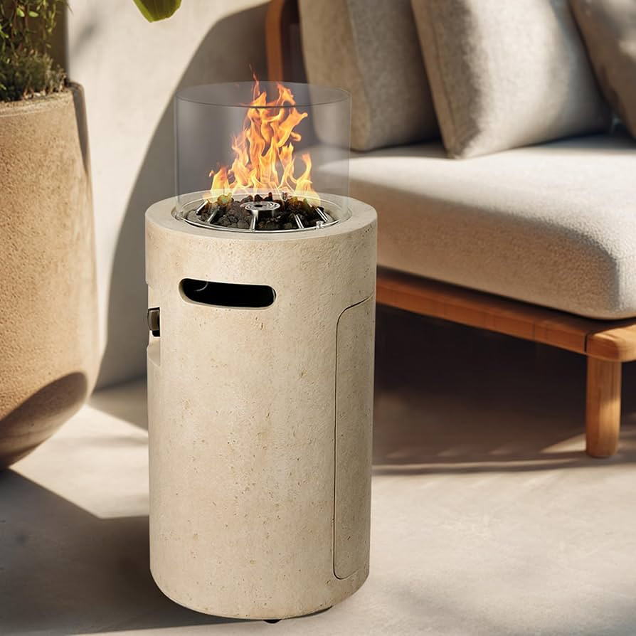 16 inch Propane Fire Column, 50,000 BTU Outside Gas Fire Pit with Glass Wind Guard, Lava Rocks fo... | Amazon (US)