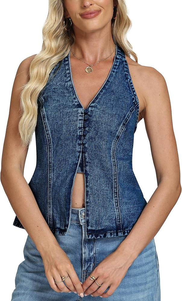 D-Sun Women Sleeveless Denim Vest Denim Halter Top Tie Backless Button Down Y2K Strapless Front S... | Amazon (US)