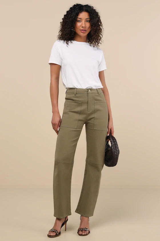 Filomena Olive Green Twill Barrel Pants | Lulus