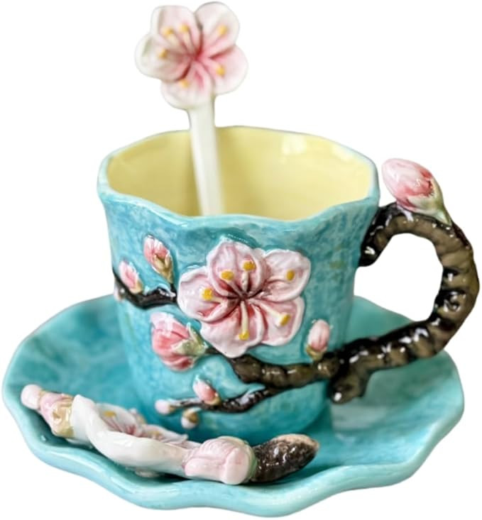 Ceramic Van Gogh Coffee Mug and Saucer set with Spoon,3D Handmade and Hand-painted Tea Mug, 6OZ-A... | Amazon (US)