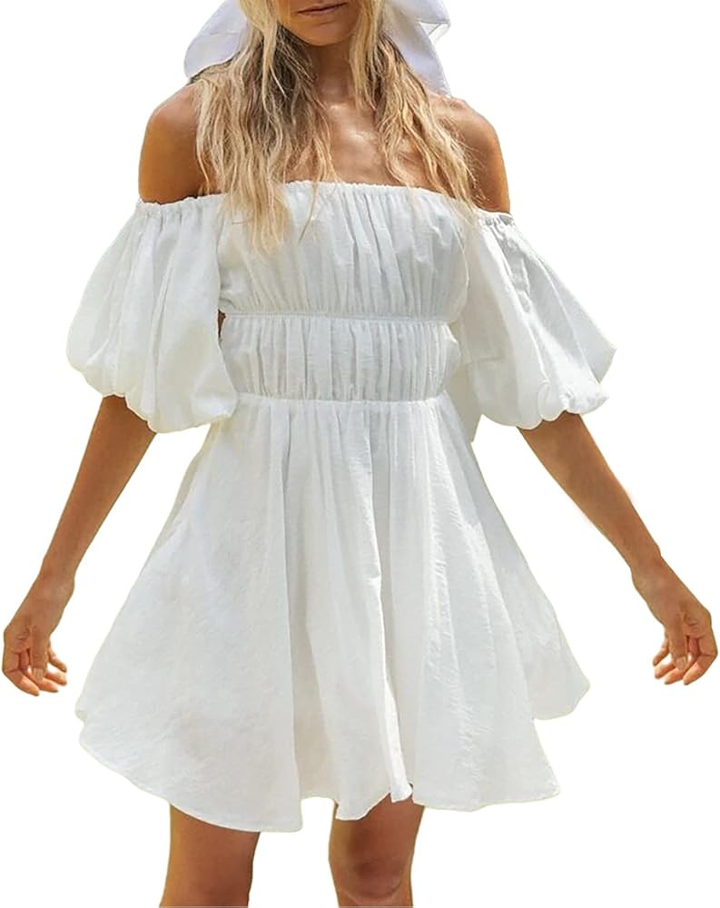 R.Vivimos Summer Dress for Women Short Puff Sleeve Boho Off The Shoulder Casual Smocked Swing Min... | Amazon (US)