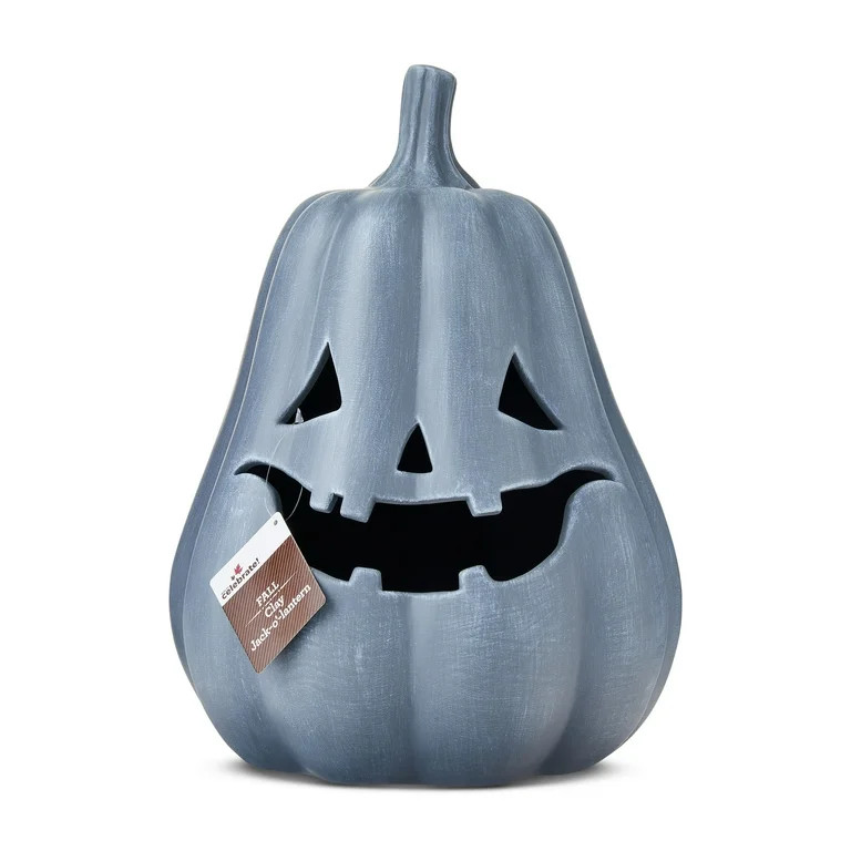 Clay Jack-o'-Lantern Tabletop Fall Halloween Decor, Gray, 13", by Way To Celebrate | Walmart (US)