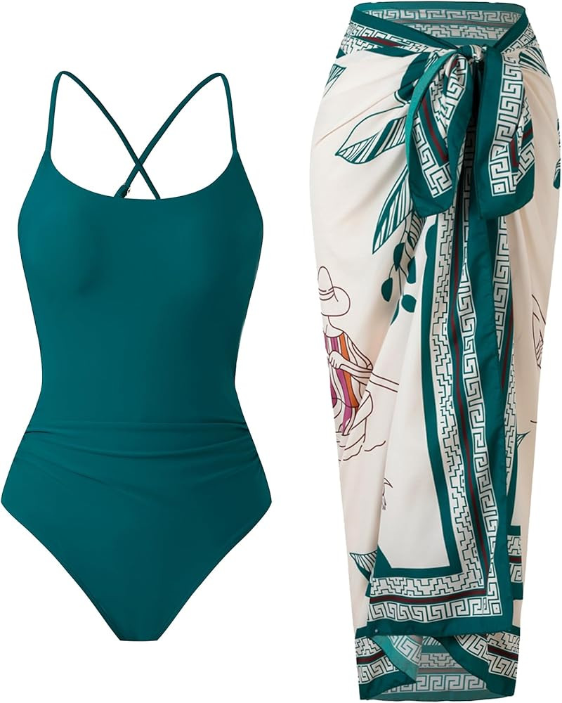 Women’s One Piece Swimsuit with Skirt Retro Crisscross Back Bathing Suit Set with Wrap Cover Up | Amazon (US)