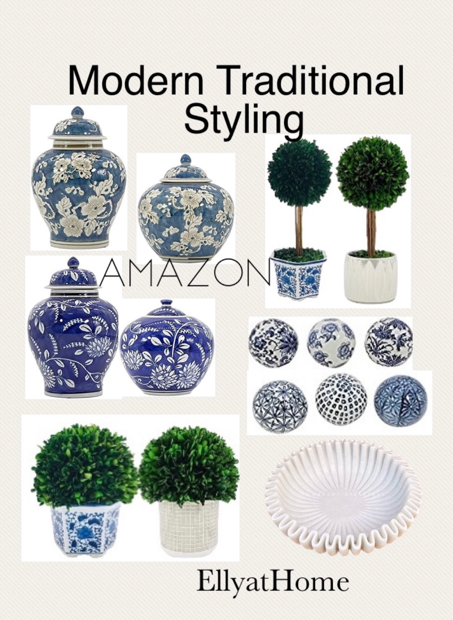 Amazon favorite decor. Blue and white styling with temple jars, topiaries, marble ruffled dish, faux greenery, coffee table books. Home decor accessories, interior design. Modern traditional, classic, cottage, chic styl home. 

#LTKhome #LTKunder50