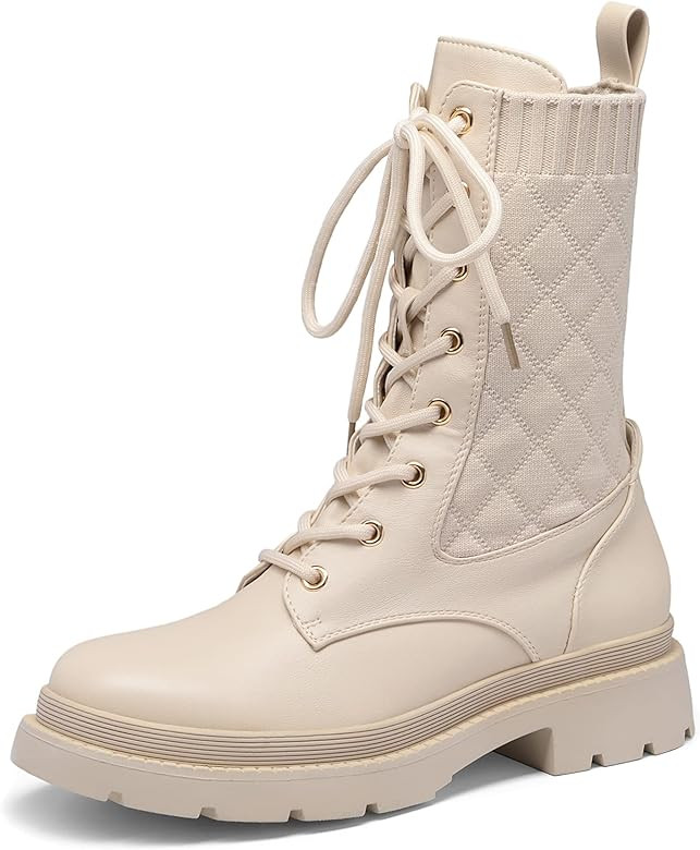 DREAM PAIRS Women's Combat Boots Lace Up Leather Ankle Booties Lug SolePlatform Mid Calf Boots | Amazon (US)