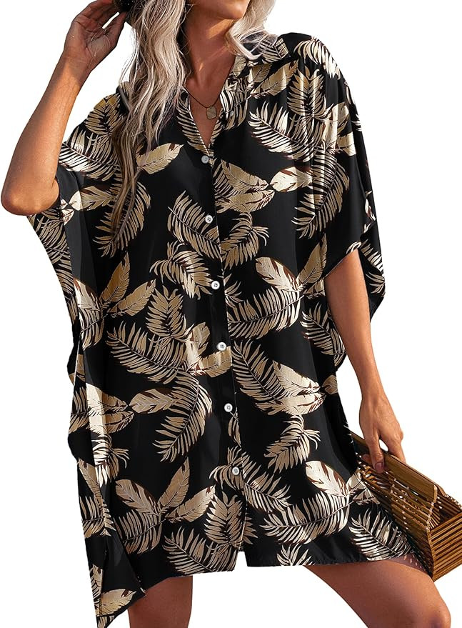 Ekouaer Women's Swimsuit Cover Up 3/4 Sleeve Beachwear Bikini Coverups Button Down Oversized Cove... | Amazon (US)