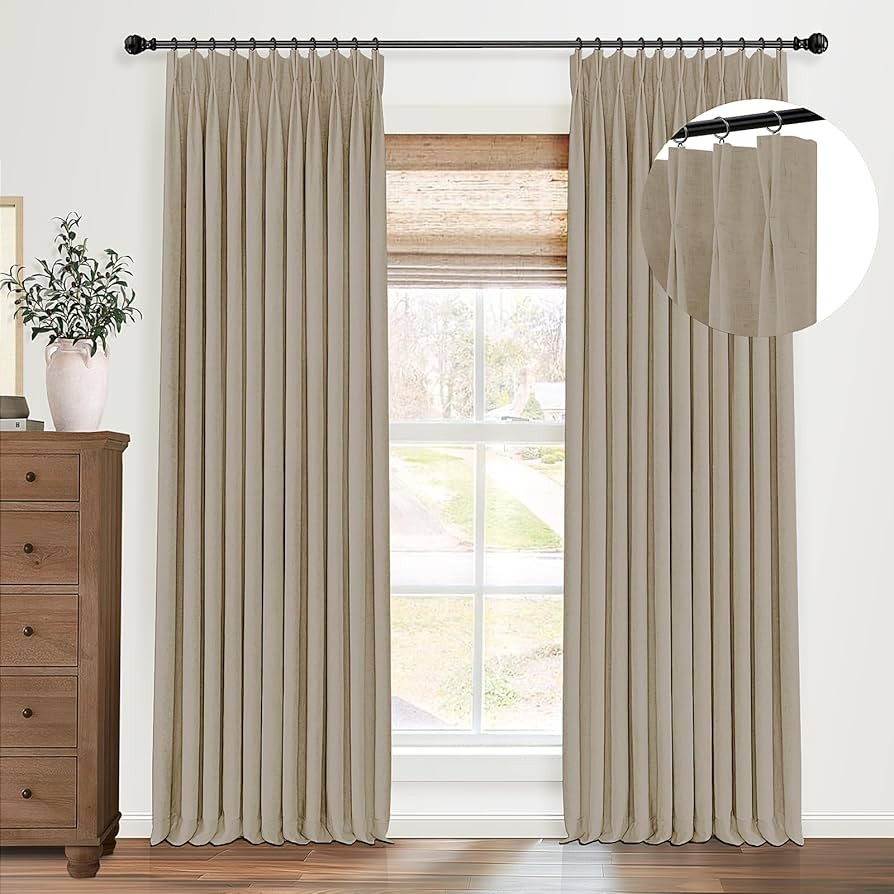 Pinch Pleated Blackout Curtains 96 Inches Long, Linen Blend, 100% Blackout Drapes with 20 Hooks, ... | Amazon (US)