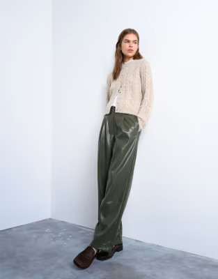 Topshop faux leather high waist pleated straight leg pants in khaki green | ASOS (Global)