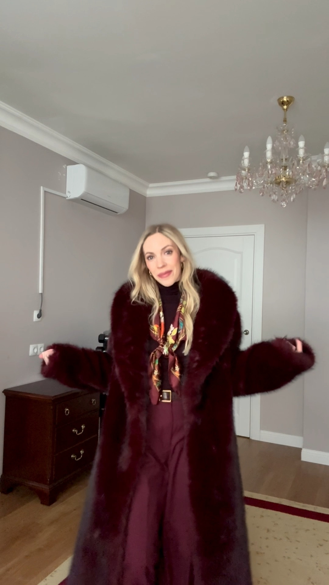 Burgundy faux fur coat, shearling coat, Gucci silk scarf, burgundy wide leg pants, winter work wear, style over 40

#LTKWorkwear #LTKSaleAlert #LTKOver40